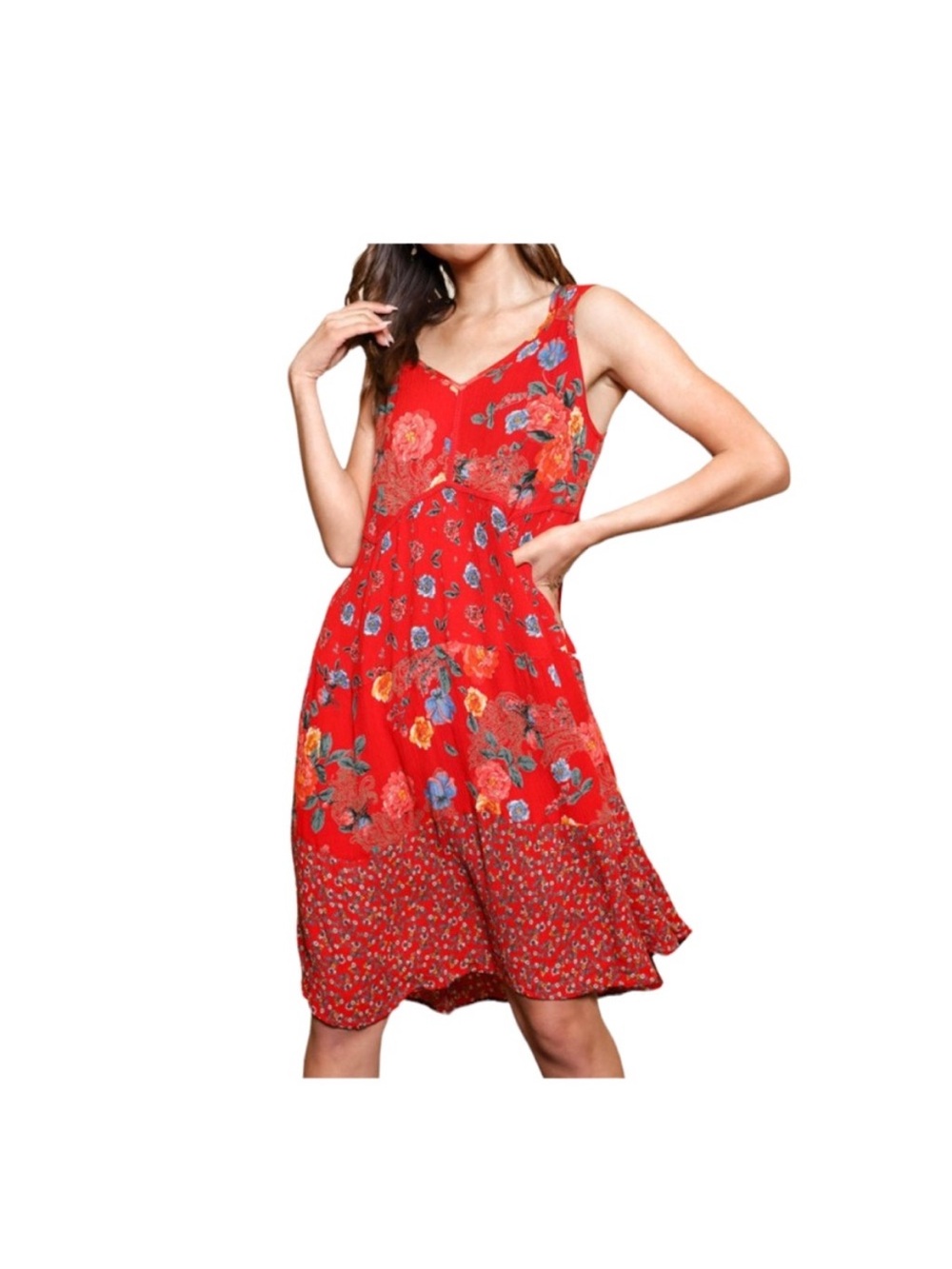 Bila Red Floral Boho Peasant Sleeveless Midi Dress